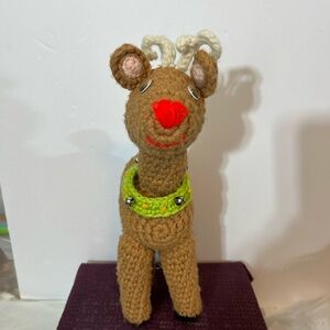 HANDMADE CROCHETED RUDOLPH WITH GREEN WREATH‎ AND BELLS AROUND NECK PREOWNED